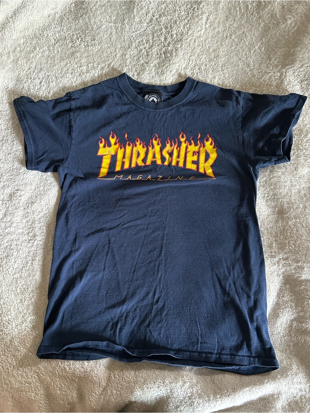 Thrasher Short Sleeve Tee in Navy with Yellow & Orange Flame Logo